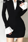 Flare Sleeve Skinny Black Dress Mini Patchwork Slim Basic Turn-Down Collar Casual Dress Women Contrast Korean