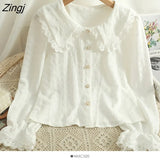 Lace Splicing Peter Pan Collar White Shirt Women Korean Pearl Button Blouses Elegant Office Work Long Sleeve Blusas