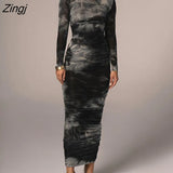 Tie-Dye Print Ruched Christmas Dress For Women Long Sleeve Sexy Bodycon Winter Dress Elastic Pleated Casual Party