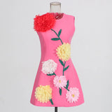 Fashion Personality Design Short Dress 2025 Summer New Three-Dimensional Flower Round Neckless Sleeves To The Waist Thin