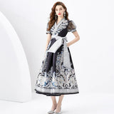 Court Dress Female Design Print Strap To The Waist Long French Bubble Sleeve Temperament Dress Dress