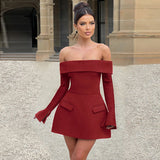 Women's Clothing New Fashion Temperament Bare Back One-Word Collar Straight Long-Sleeved A-Character Dress