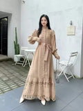 Small Vintage Hollow Lace Splicing Strap Belt Lantern Sleeve Dress Female Court Long