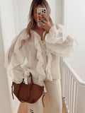 High-End Design Pure Color Temperament Chiffon Lotus Side Zipper Top With Comfortable Loose Long-Sleeved