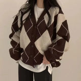 Argyle Print Oversized Preppy Cardigan-Outfit
