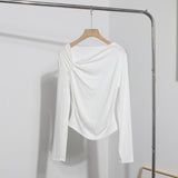 Side Bow Tie Design Folded Long-Sleeved T-Shirt Slim Thin Autumn Dress T-Shirt Short Top