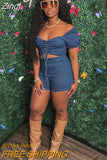 Summer Sexy Off Shoulder Short Sleeve Drawstring Stretch Denim Shorts Jumpsuit V-neck Pleated Hollow Jeans