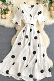 Women Polka Dot Midi Dress Vintage V-Neck Short Flare Sleeve Bandage A-Line Vestidos Female Casual Robe New