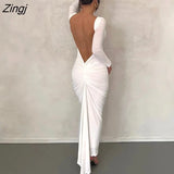 Sexy Backless Ruched Maxi Dress Women White Long Sleeve Evening Dresses Female Autumn Skinny Elegant Party Clubwear
