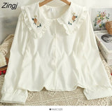 Embroidered Flowers Shirt Women Korean Peter Pan Collar Lolita Blouses Elegant Long Sleeve Single Breasted Blusas