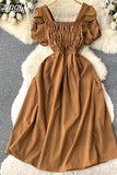 Vintage Women Square Collar Draped Dress Eleagant Puff Short Sleeve High Waist A-Line Knee-Length Robe Female New