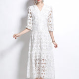 Women's Dress 2025 Winter New French Retro Hollow Hooks Waist Lantern Sleeve Long