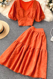 Two Piece Set Women Vintage Square Collar Short Sleeve Tops + High Waist A-Line Skirt Female Suits 2023