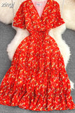 Bohemian Women Floral Printed Midi Dress Elegant V-Neck Short Sleeve High Waist Draped Slim Big Swing Vestidos Female