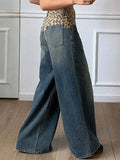 Splicing Retro Leopard-Print Broad-Legged Pants Jeans Women's Niche To Make Old Loose Breathable Straight