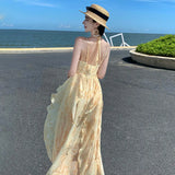Zingj Summer Vacation Gentle Yellow Tune Dyed Flowers With Neck Flounce Print Skirt Beach