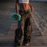 Zingj Design Street Style High-Waisted Wide-Leg Pants Spring 2024 New Fashion Tie-Dye Camouflage Multi-Pocket Cargo