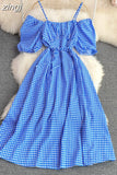 Vintage Women Spaghetti Strap Plaid Dress Female Elegant Short Puff Sleeve High Waist A-Line Casual Vestidos New