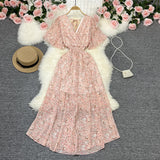 Zingj Wind Temperament Sweet Broken Flower V Collar Dress Beach Vacation Snow Spinning A Word Long
