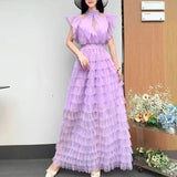 Niche Elegant Dress Women's High-End Lace Short Sleeves To Show Thin Multi-Layer Pongeist Long