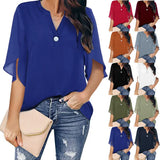 Short Sleeve Elegant Casual Pullover Solid Color V-neck Chiffon
