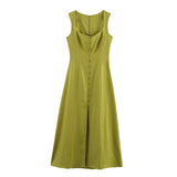 New Linen Solid Color Sleeveless Collar Fan Flute Dress