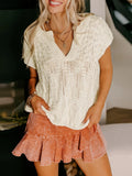 Summer New Women's Pure Color Knit V Collar Loose Short-Sleeved