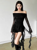 Sweet Spicy Sister Wind Lotus Leaf Side Splicing A Word Shoulder Long-Sleeved T-Shirt Girl Slimmed Hottie Autumn