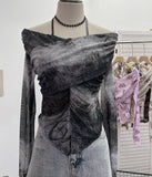 Shot Shoulder Strap Hanging Neck Pure Lust Wind Long-Sleeved T-Shirt Repair Cross-Folded Open Fork Short Top