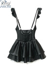 Sexy Women PU Leather Dress Bodycon Midi Office Dress Retro Black Club Party Dresses Vestidos Suspenders Pleated Dress
