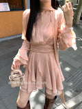 Xixi 2025 Autumn New White Standard Temperament Hanging Neck Long Sleeve Elegant Dress Senior Sense Short Dress Women