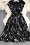 Vintage Polka Dot Pleated Dress Women Red/Green/Black Draped Knee Length Vestidos Female Elegant Robe New