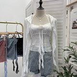 Shooting Pure Lust Style Set Hanging Neck Lace Hollow Sling Sling Vest + Short Lotus Leaf Side Shirt