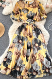 Bohemian Women Floral Print Pleated Midi Dress Elegant Round Neck Puff Sleeve High Waist A-Line Draped Beach Vestidos