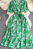 Green/Yellow/Red Printed Midi Dress Vintage V-Neck Short Sleeve High Waist A-Line Casual Vestidos Elegant Female