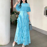 Women's Summer Design Sensing Splicing Round Collar Horn Sleeves To Close The Waist Thin Lace Lotus Side