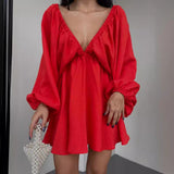New V-Necked Long-Sleeved Dress Independent Design Bubble Sleeve