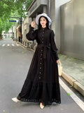 Small Vintage Hollow Lace Splicing Strap Belt Lantern Sleeve Dress Female Court Long