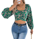 Early Autumn Flower Lantern Sleeve With Waist Chiffon
