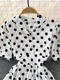 Women Polka Dot Midi Dress Vintage V-Neck Single Breasted Short Sleeve A-Line Vestidos Female Elegant New Fashion
