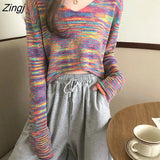 Women Patchwork V-neck Pullovers Ladies Knitting Cropped New Casual Colorful Popular Sexy College Long Sleeve
