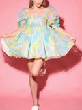 Square Neck Pleated A-Line Dress Spring Summer Short Sleeve Loose Floral Print Dress Women Elegant Puff Sleeve Party Dress 211-0-Outfit