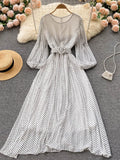 Vintage Yellow/Purple/Blue Polka Dot Chiffon Long Dress Women Elegant O-Neck Puff Sleeve Pleated Party Robe Female
