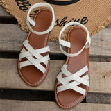 Round Head Flat Woven One-Word Buckle Sandals Women's Large Size Simple Beach Roman