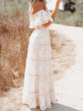 Dress Women White Slash Neck Dress Summer Butterfly Sleeve Lace Stitching Long Sundress Boho Hollow Out Vestido