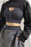 Streetwear Cargo Style Black Spring Autumn Jacket Women Smock Zip Up Coat Super Short Pockets Hip Hop Outwear