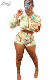 Pieces Set Sexy Summer Autumn Fashion Women Sets 2023 Stripe Long Sleeve Shirt Tops And Elastic Waist Shorts Suits