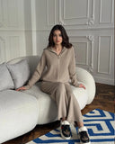 Angolan Red Sweater Set Zipper Jacket + Wide Leg Trousers Knitted Casual Women's