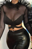 Summer T-Shirts Mesh See Through Ruffles Long Sleeve Hollow Out Exposed Navel Crop Top Fishnet T-shirts Party