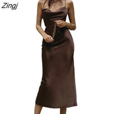 Women Summer Tie-up Sleeveless Backless Dress Fashion Solid Color Satin Cross Strap Long Dress